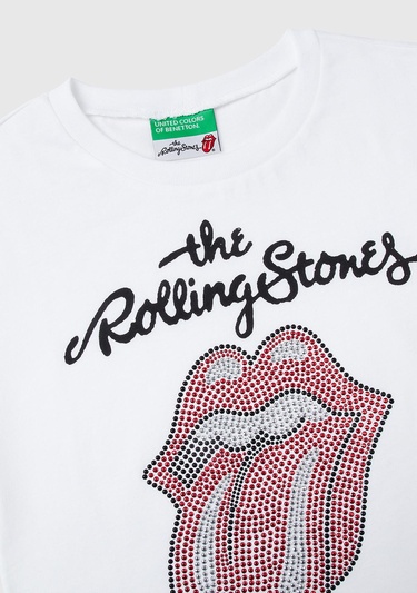  Kız Çocuk Beyaz Rolling Stones Baskılı Logo Etiketli T-Shirt
