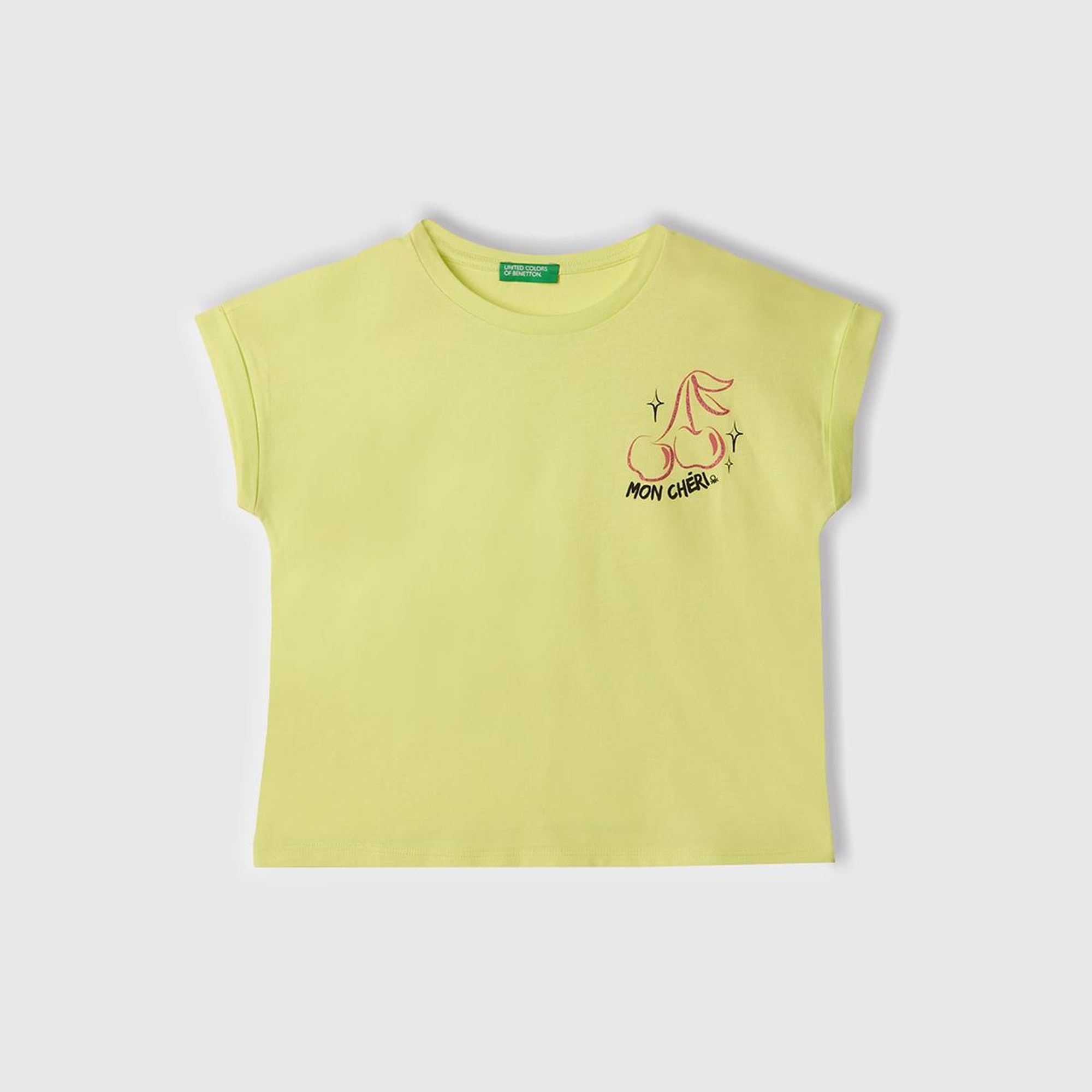 Kız Çocuk Sarı Parlak Baskılı Düşük Omuz T-Shirt