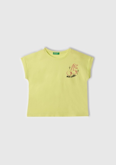  Kız Çocuk Sarı Parlak Baskılı Düşük Omuz T-Shirt