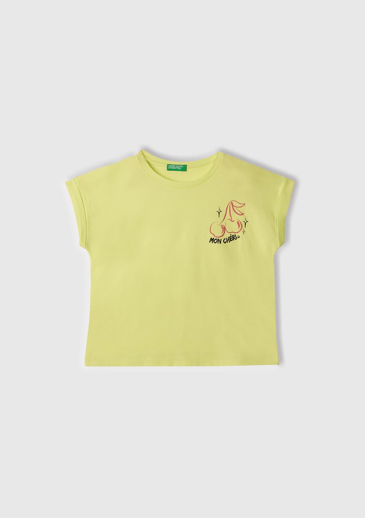  Kız Çocuk Sarı Parlak Baskılı Düşük Omuz T-Shirt