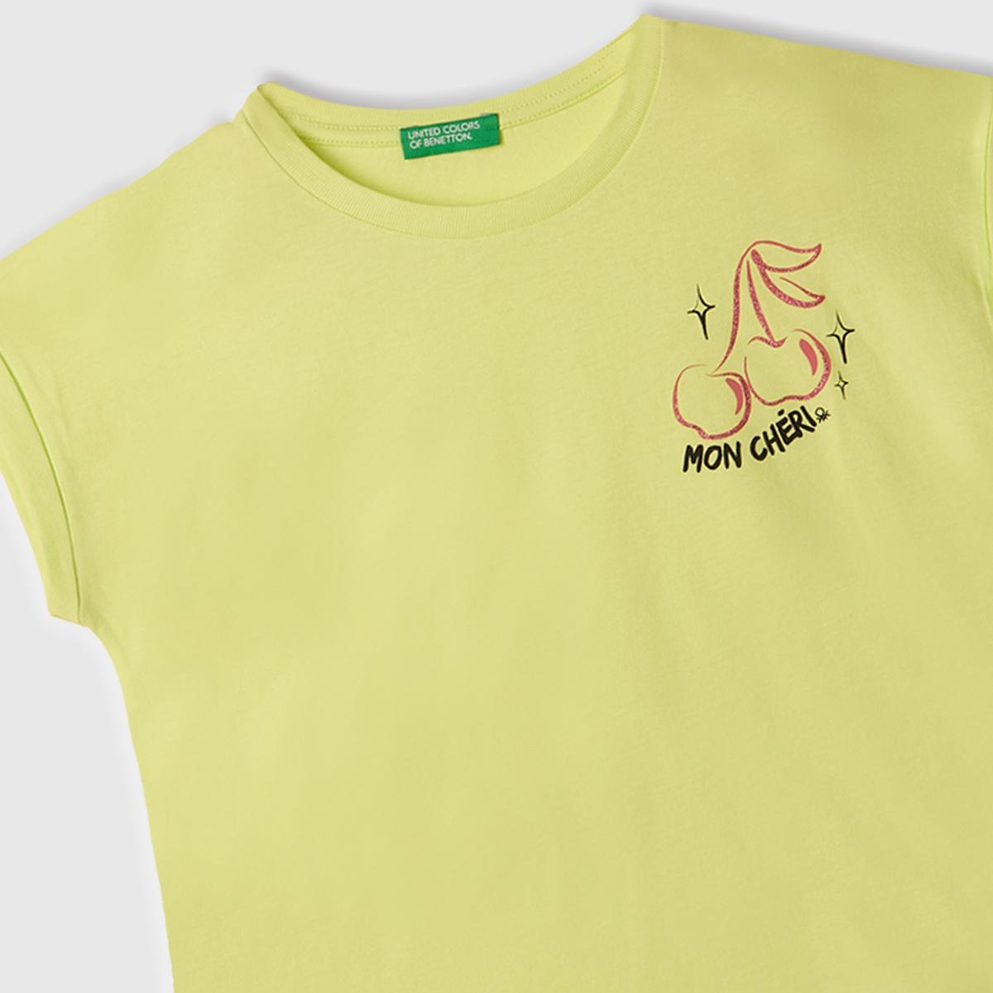 Kız Çocuk Sarı Parlak Baskılı Düşük Omuz T-Shirt