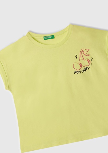  Kız Çocuk Sarı Parlak Baskılı Düşük Omuz T-Shirt