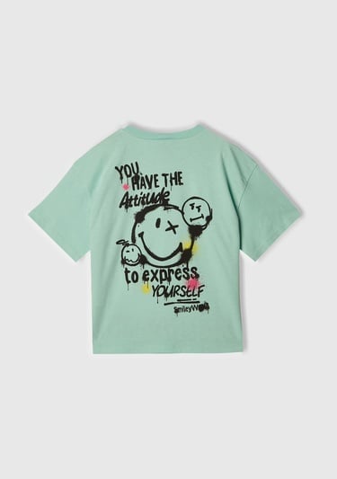  Kız Çocuk Su Yeşili Smiley World Baskılı Logo Etiketli T-Shirt