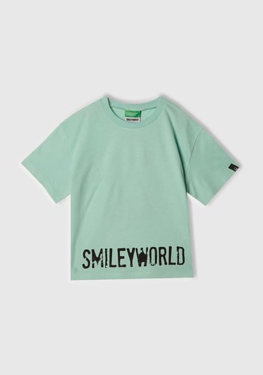  Kız Çocuk Su Yeşili Smiley World Baskılı Logo Etiketli T-Shirt