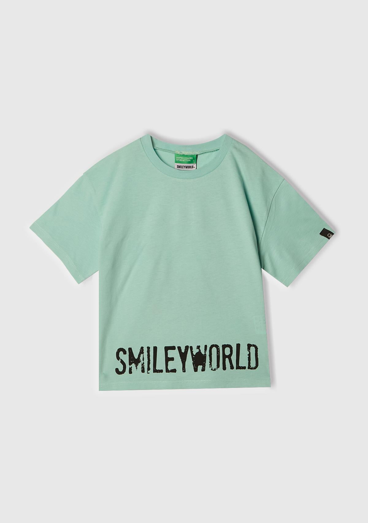  Kız Çocuk Su Yeşili Smiley World Baskılı Logo Etiketli T-Shirt