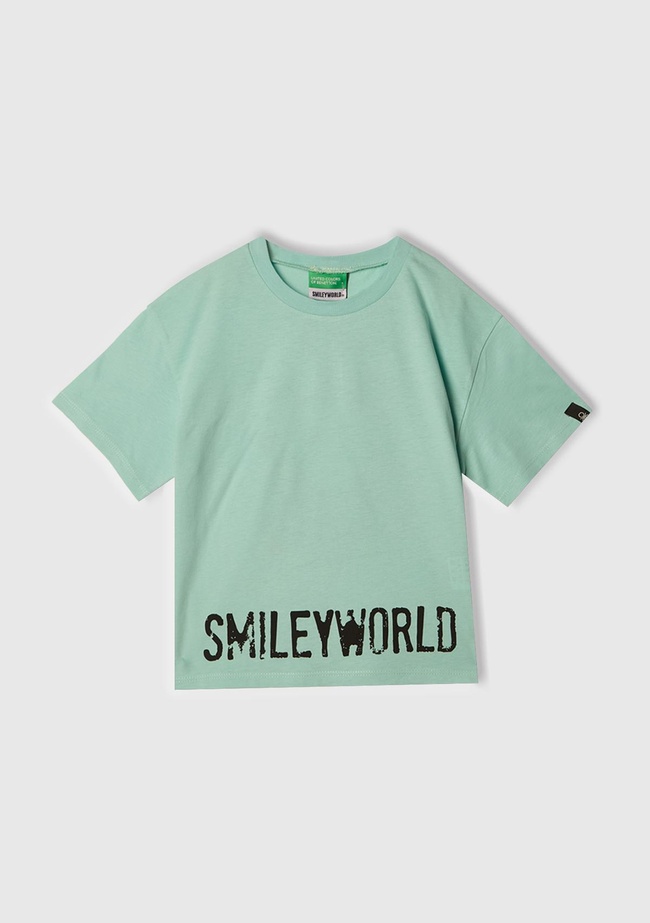 Kız Çocuk Su Yeşili Smiley World Baskılı Logo Etiketli T-Shirt