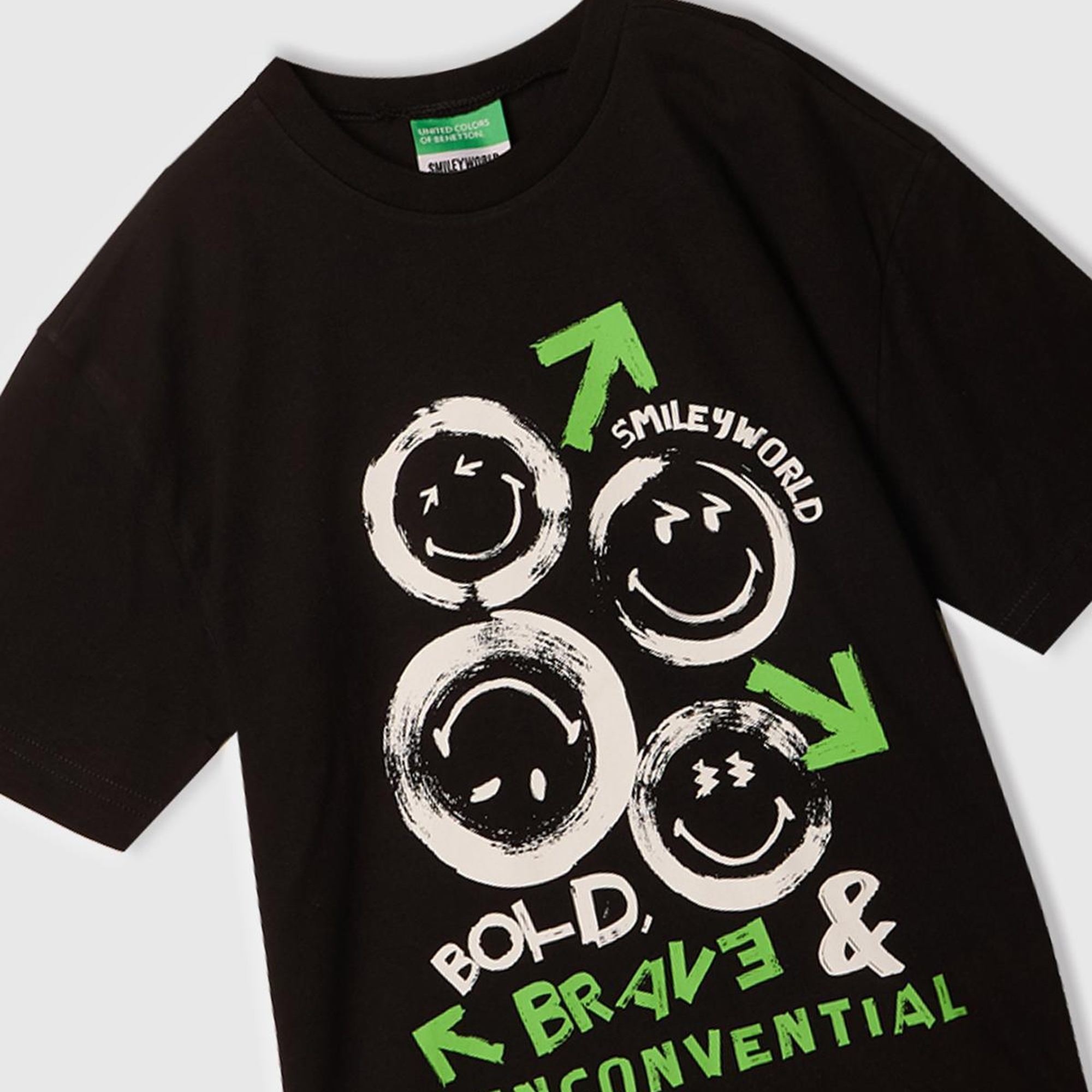 Erkek Çocuk Siyah Smiley World Baskılı Logo Etiketli T-Shirt
