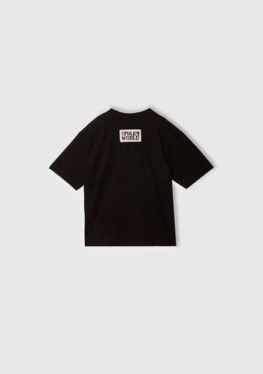  Erkek Çocuk Siyah Smiley World Baskılı Logo Etiketli T-Shirt