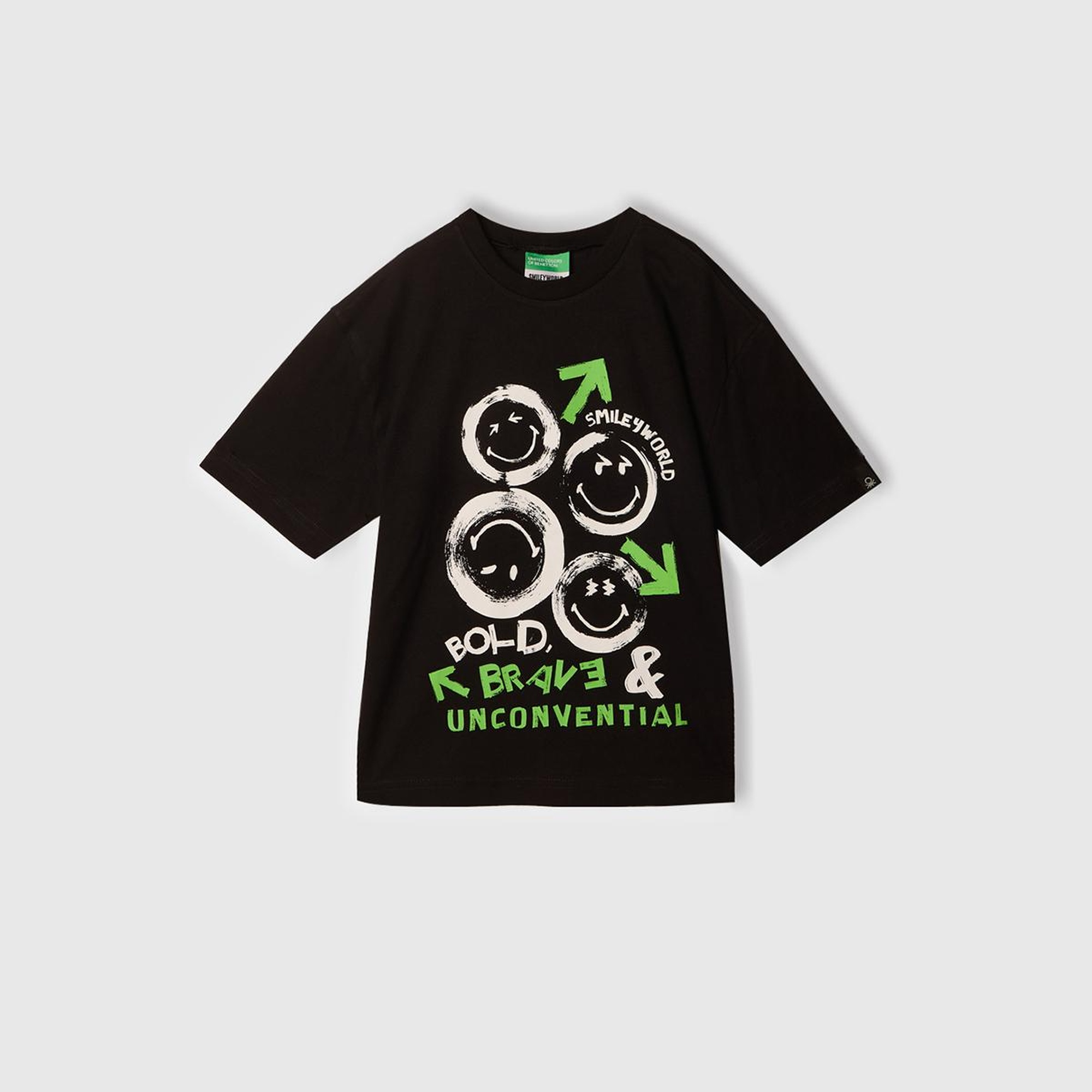 Erkek Çocuk Siyah Smiley World Baskılı Logo Etiketli T-Shirt