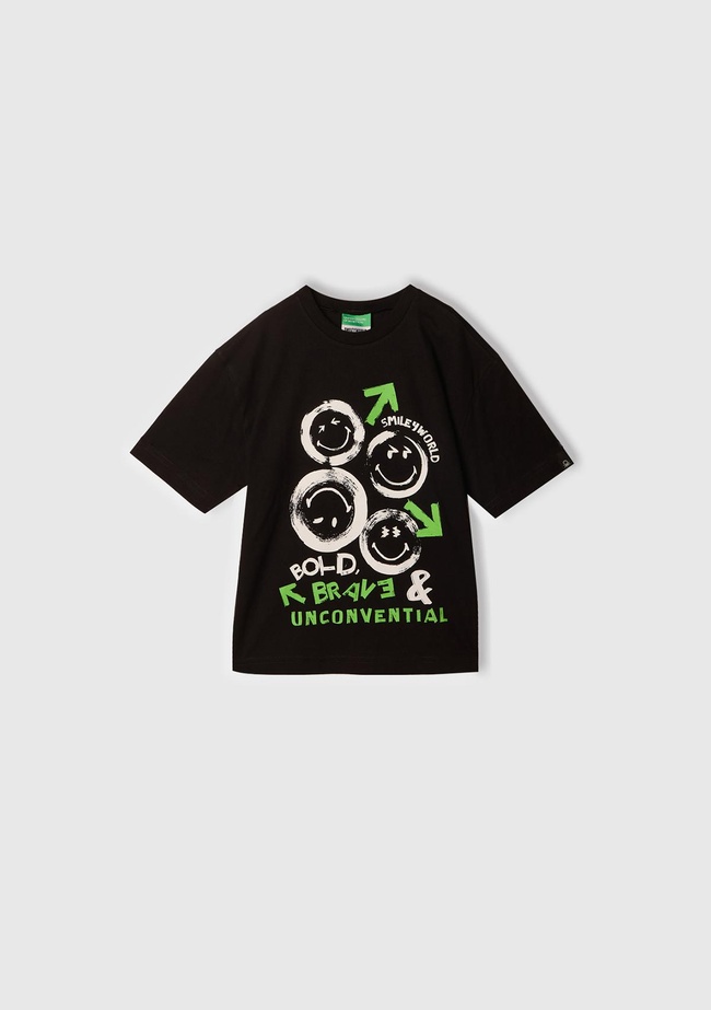  Erkek Çocuk Siyah Smiley World Baskılı Logo Etiketli T-Shirt