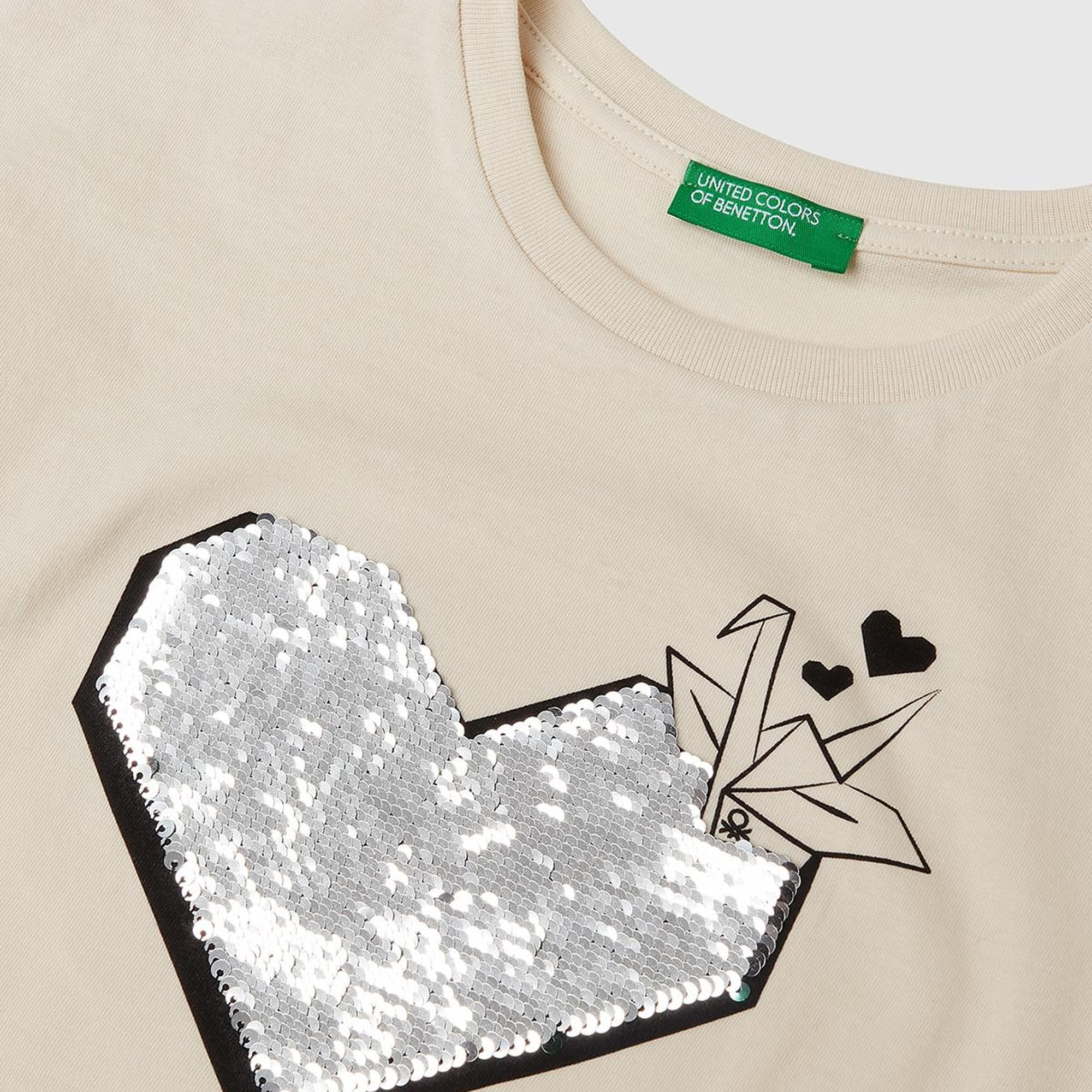 Kız Çocuk Krem Önü Payet İşlemeli Baskılı T-Shirt