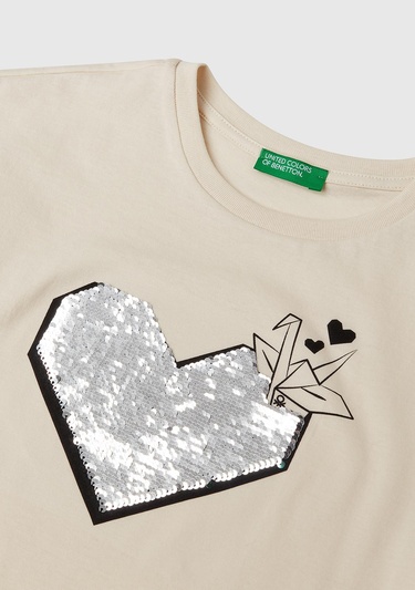  Kız Çocuk Krem Önü Payet İşlemeli Baskılı T-Shirt