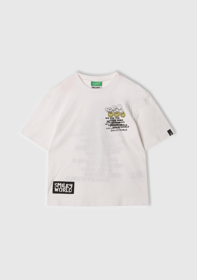  Erkek Çocuk Beyaz Smiley World Baskılı Logo Etiketli T-Shirt
