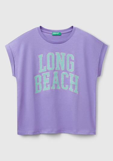  Kız Çocuk Mor Parlak Baskılı Düşük Omuz T-Shirt