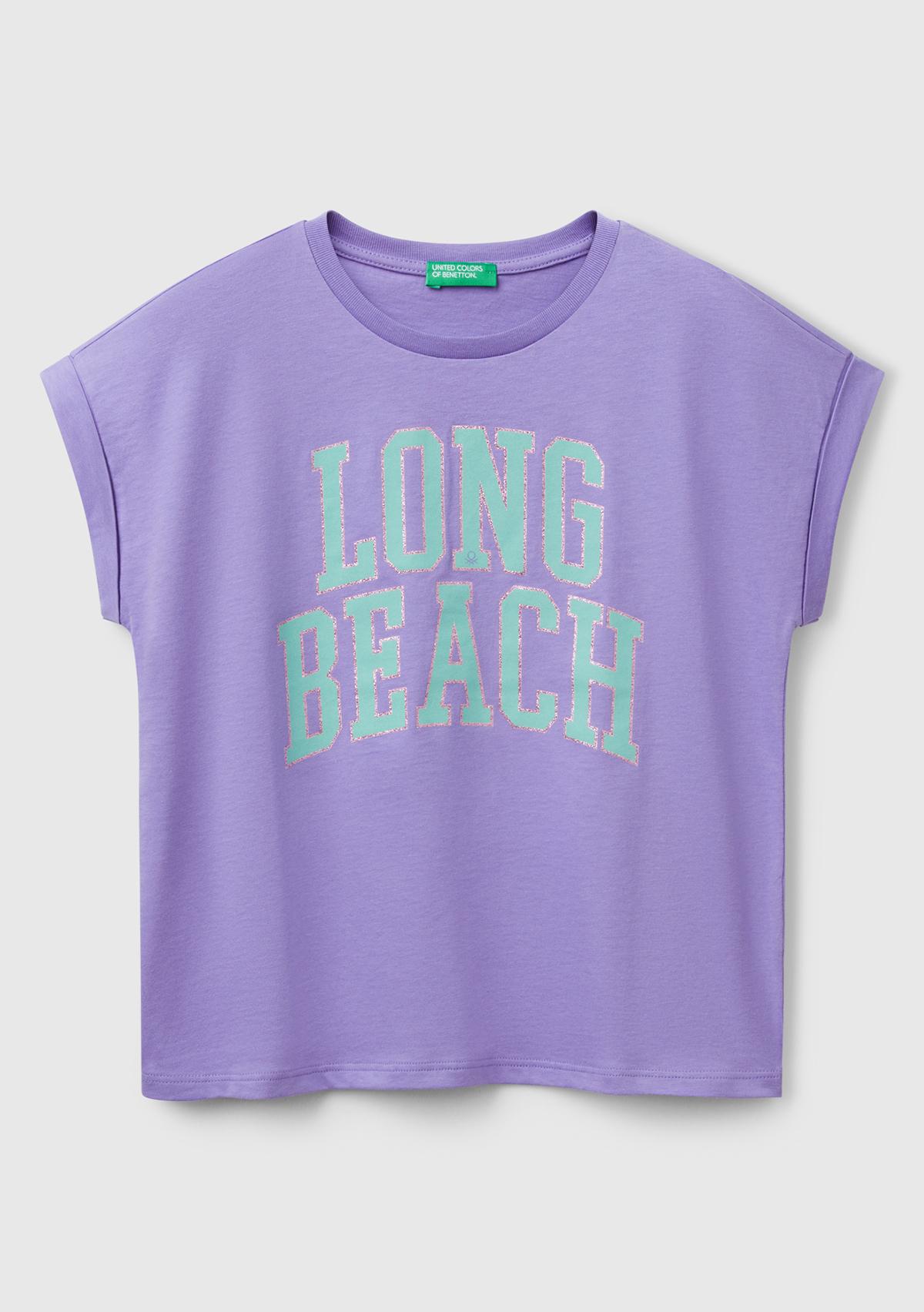  Kız Çocuk Mor Parlak Baskılı Düşük Omuz T-Shirt