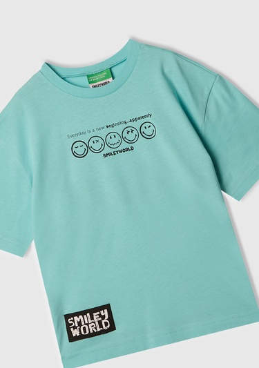  Erkek Çocuk Su Yeşili Smiley World Baskılı Logo Etiketli T-Shirt