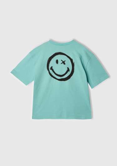  Erkek Çocuk Su Yeşili Smiley World Baskılı Logo Etiketli T-Shirt