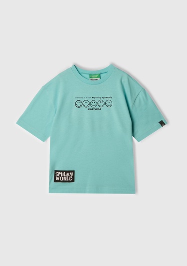  Erkek Çocuk Su Yeşili Smiley World Baskılı Logo Etiketli T-Shirt