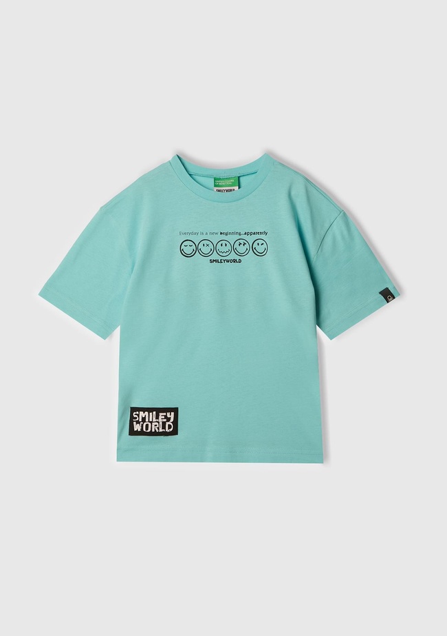  Erkek Çocuk Su Yeşili Smiley World Baskılı Logo Etiketli T-Shirt