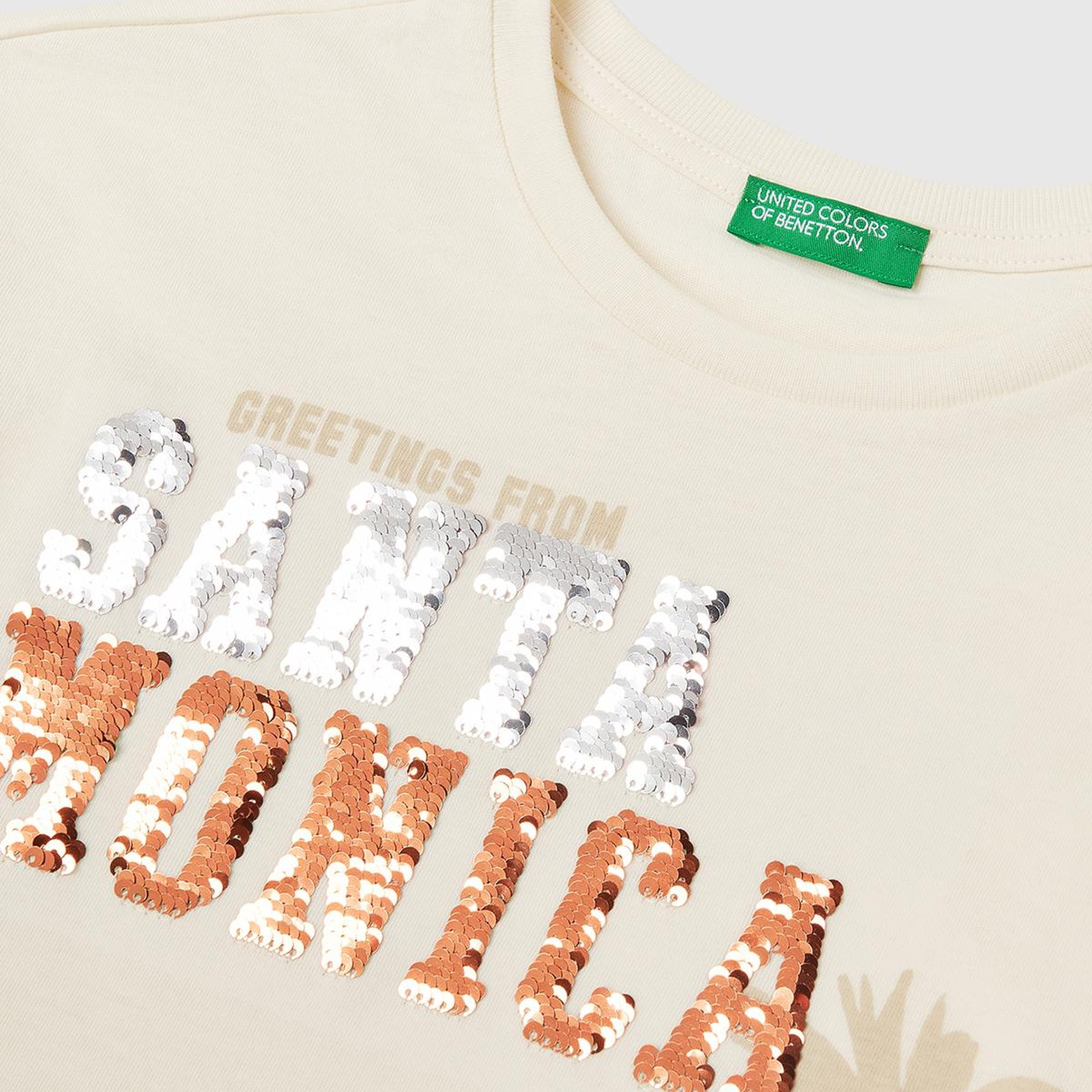 Kız Çocuk Ekru Önü Payet İşlemeli Baskılı T-Shirt