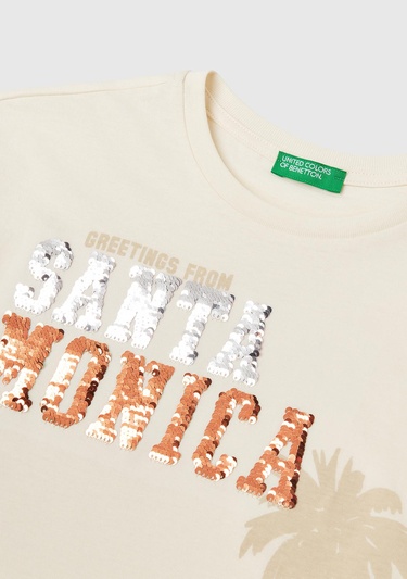  Kız Çocuk Ekru Önü Payet İşlemeli Baskılı T-Shirt