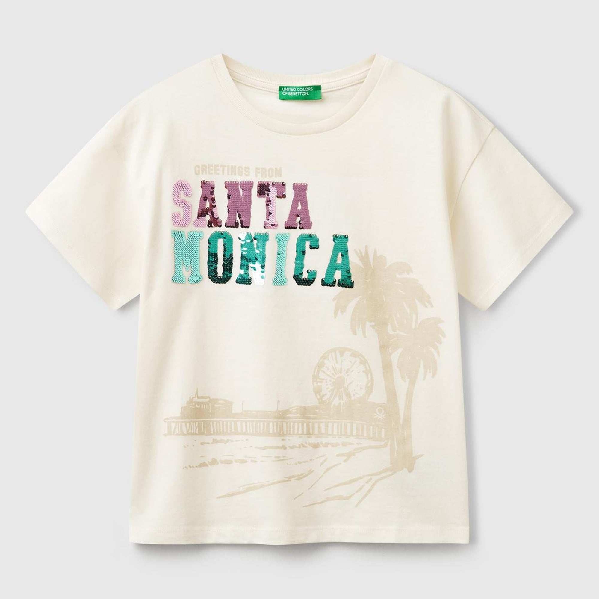 Kız Çocuk Ekru Önü Payet İşlemeli Baskılı T-Shirt