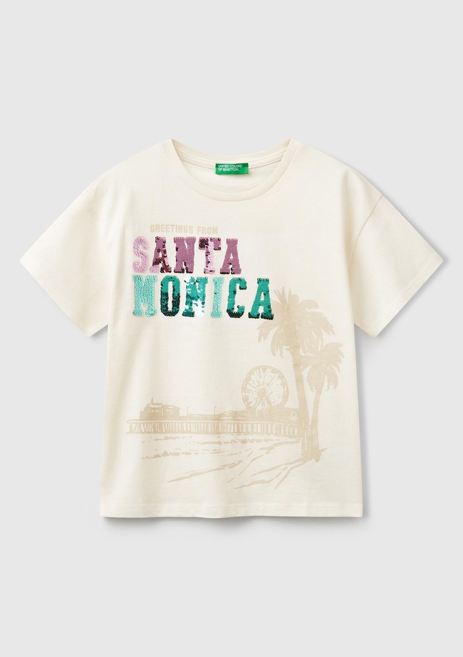  Kız Çocuk Ekru Önü Payet İşlemeli Baskılı T-Shirt