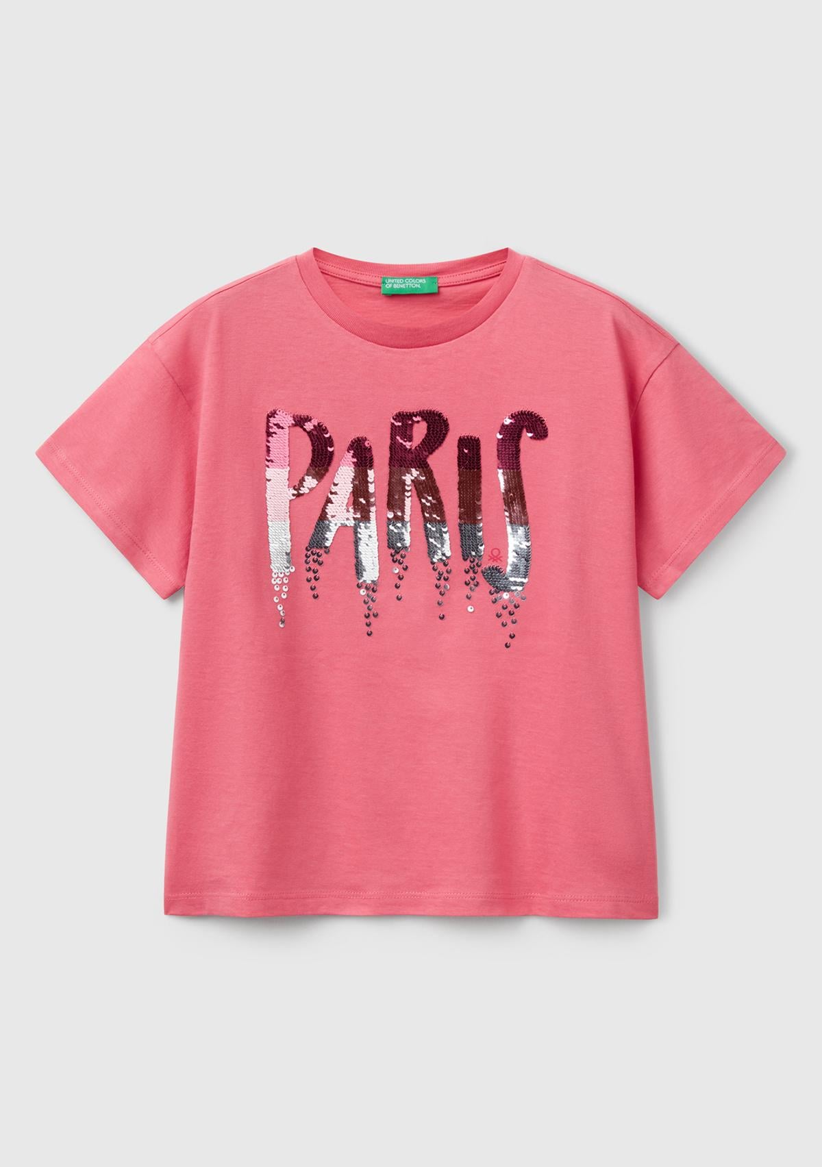  Kız Çocuk Fuşya Önü Payet İşlemeli Baskılı T-Shirt