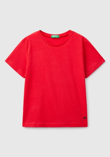  Erkek Çocuk Kırmızı Etek Ucu Logo Etiketli Bisiklet Yaka Düz T-Shirt