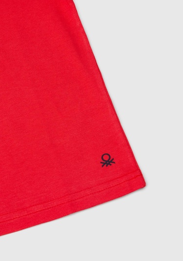  Erkek Çocuk Kırmızı Etek Ucu Logo Etiketli Bisiklet Yaka Düz T-Shirt