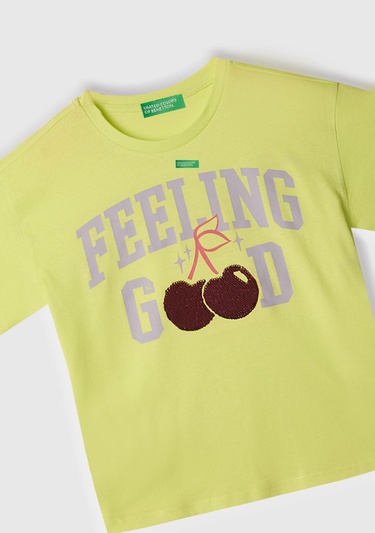  Kız Çocuk Sarı Önü Payet İşlemeli Baskılı T-Shirt