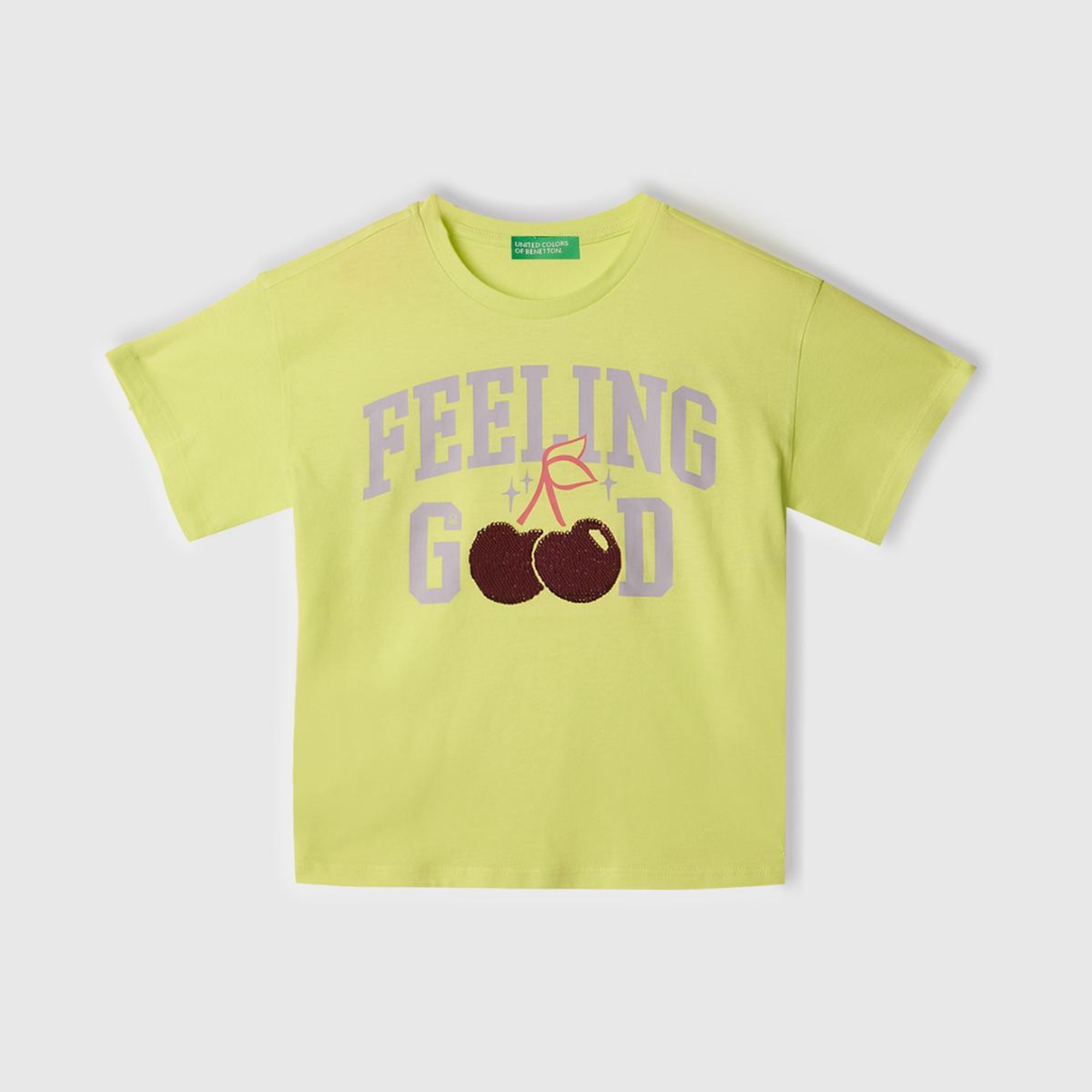 Kız Çocuk Sarı Önü Payet İşlemeli Baskılı T-Shirt