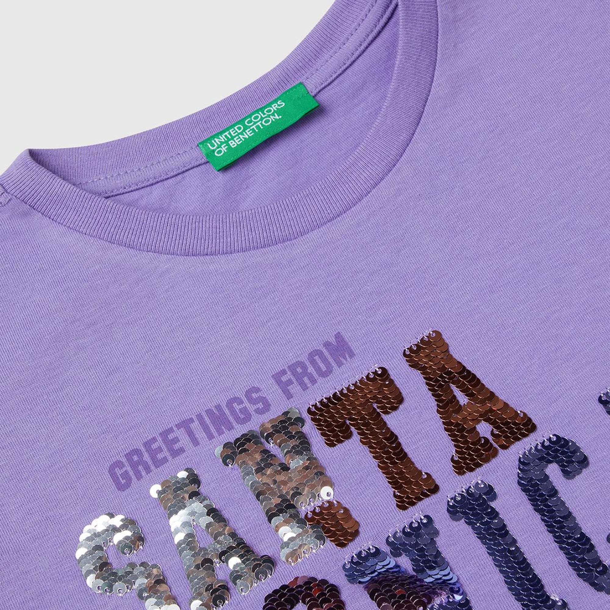 Kız Çocuk Mor Önü Payet İşlemeli Baskılı T-Shirt