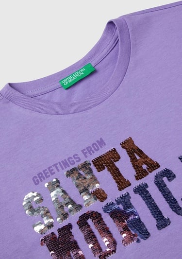  Kız Çocuk Mor Önü Payet İşlemeli Baskılı T-Shirt