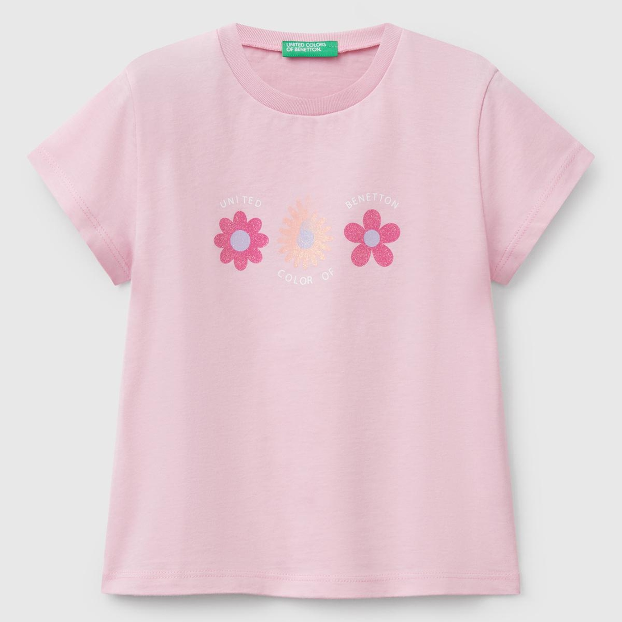 Kız Çocuk Pembe Simli Benetton Logo Baskılı T-Shirt