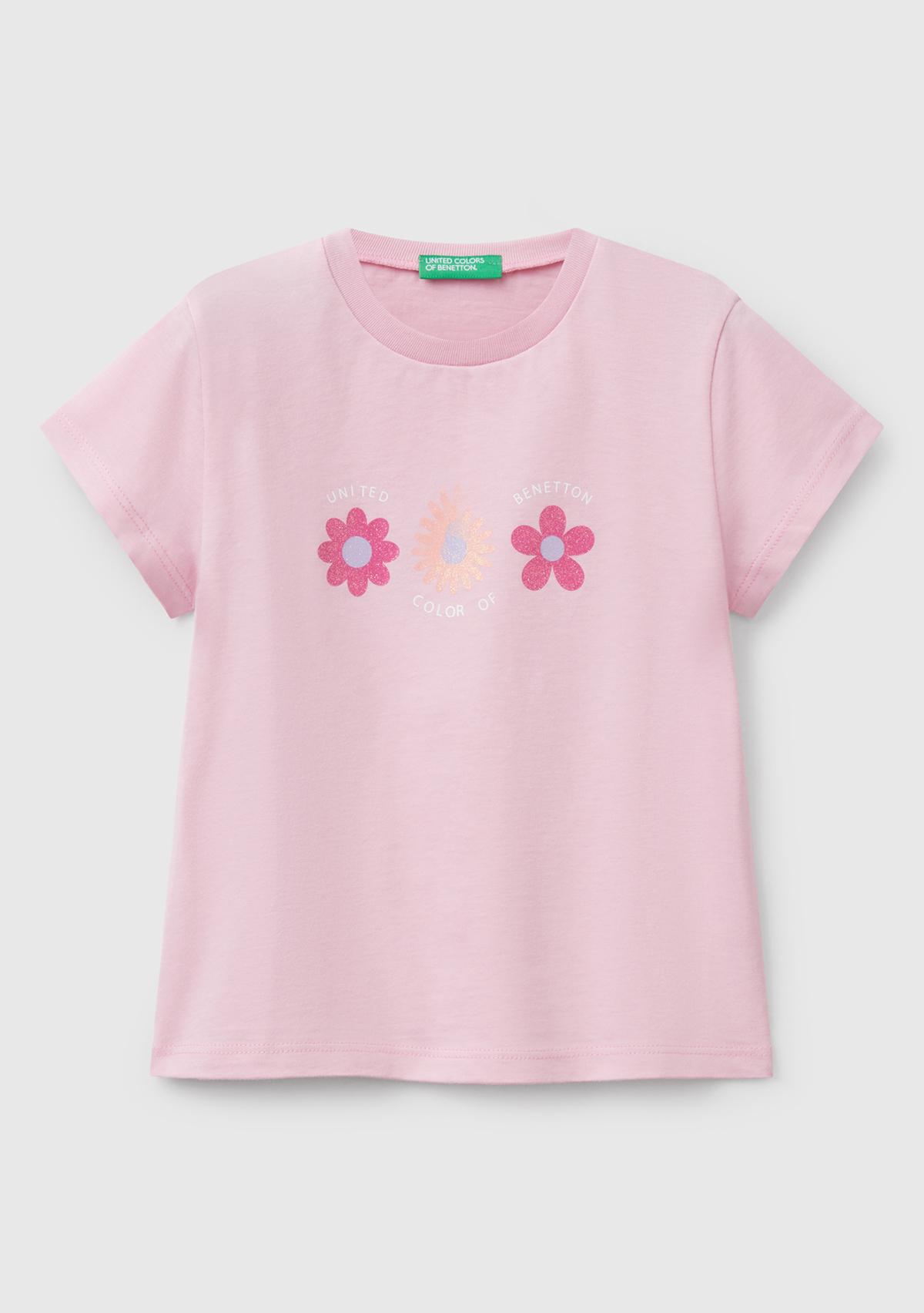  Kız Çocuk Pembe Simli Benetton Logo Baskılı T-Shirt