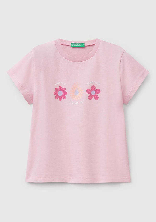  Kız Çocuk Pembe Simli Benetton Logo Baskılı T-Shirt