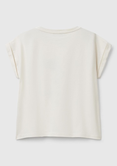  Kız Çocuk Krem Parlak Baskılı Düşük Omuz T-Shirt