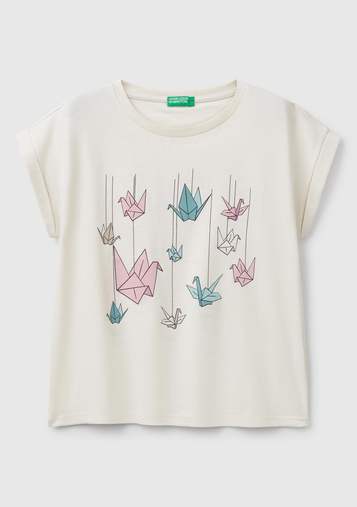  Kız Çocuk Krem Parlak Baskılı Düşük Omuz T-Shirt