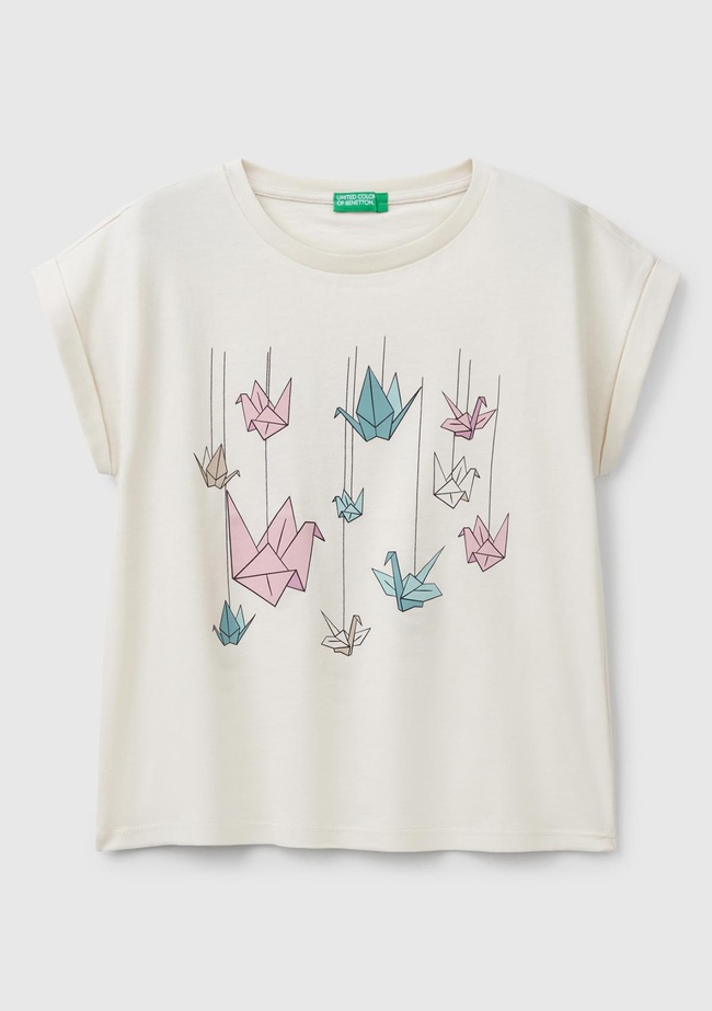  Kız Çocuk Krem Parlak Baskılı Düşük Omuz T-Shirt