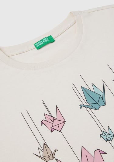  Kız Çocuk Krem Parlak Baskılı Düşük Omuz T-Shirt