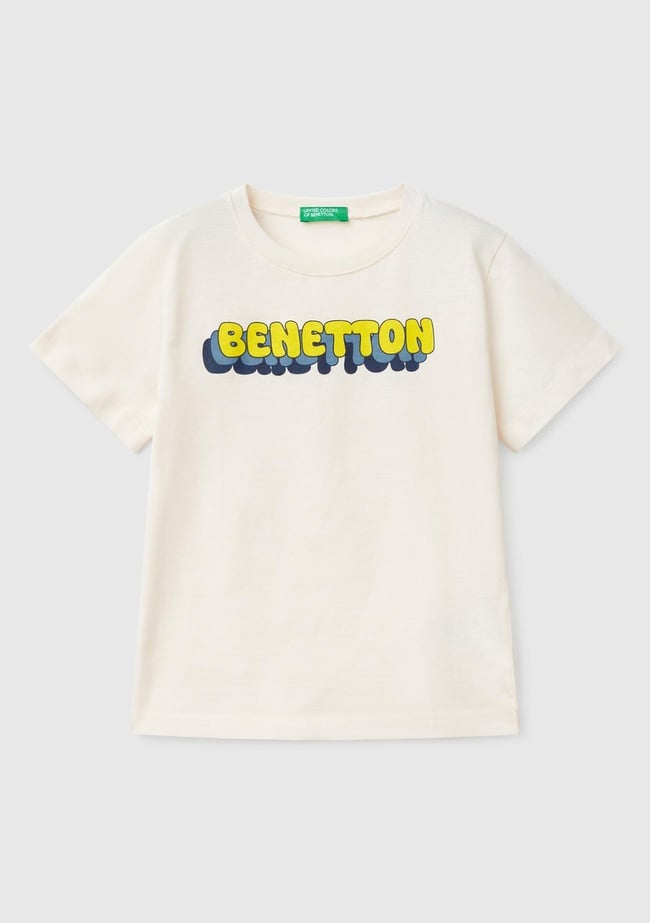  Erkek Çocuk Ekru Benetton Logo Baskılı T-Shirt