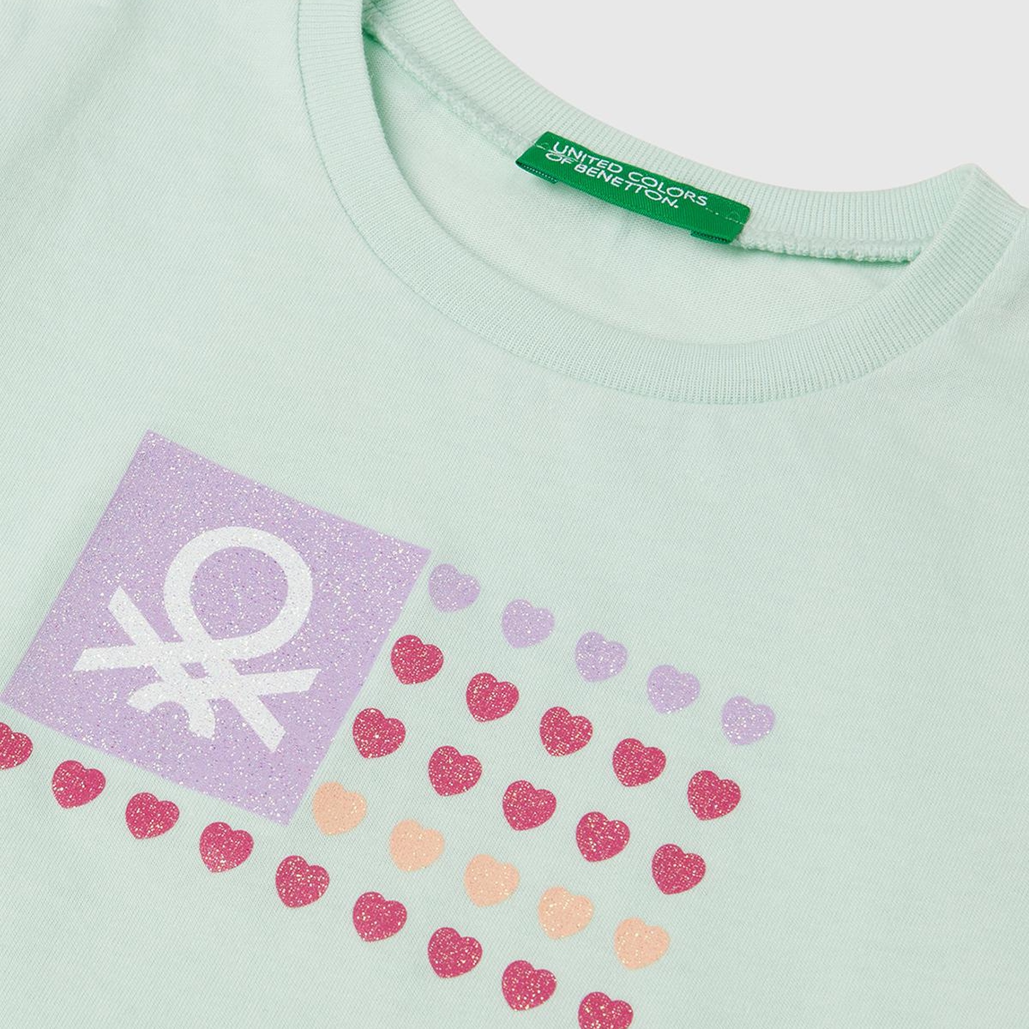 Kız Çocuk Su Yeşili Simli Benetton Logo Baskılı T-Shirt