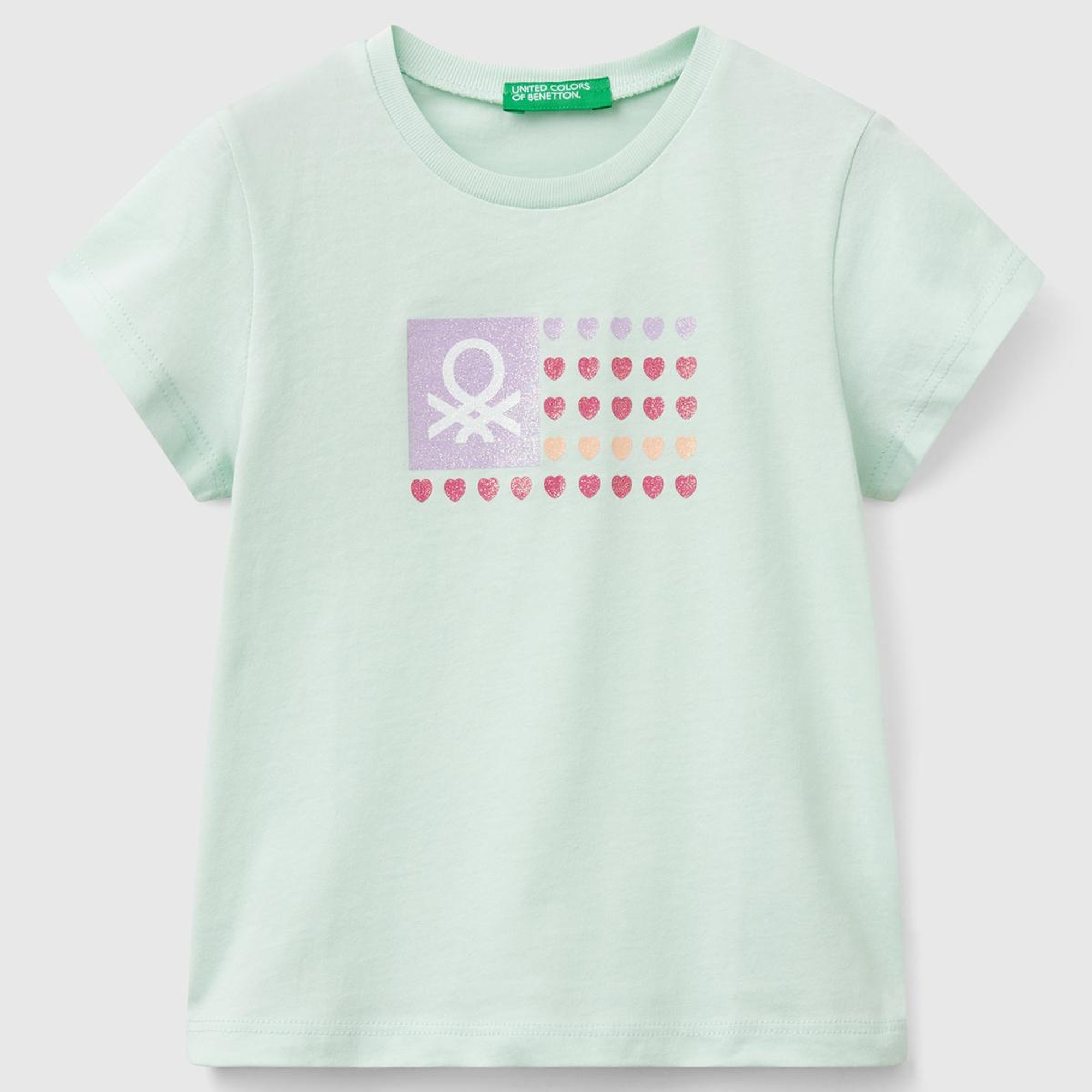 Kız Çocuk Su Yeşili Simli Benetton Logo Baskılı T-Shirt