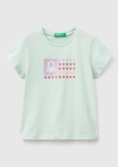  Kız Çocuk Su Yeşili Simli Benetton Logo Baskılı T-Shirt