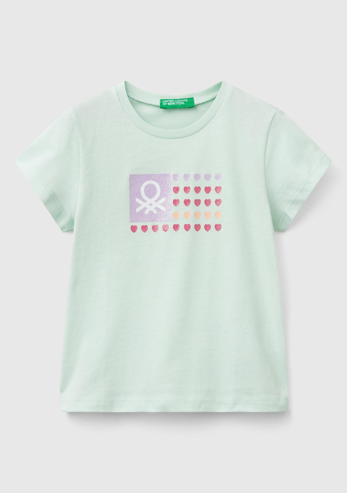  Kız Çocuk Su Yeşili Simli Benetton Logo Baskılı T-Shirt