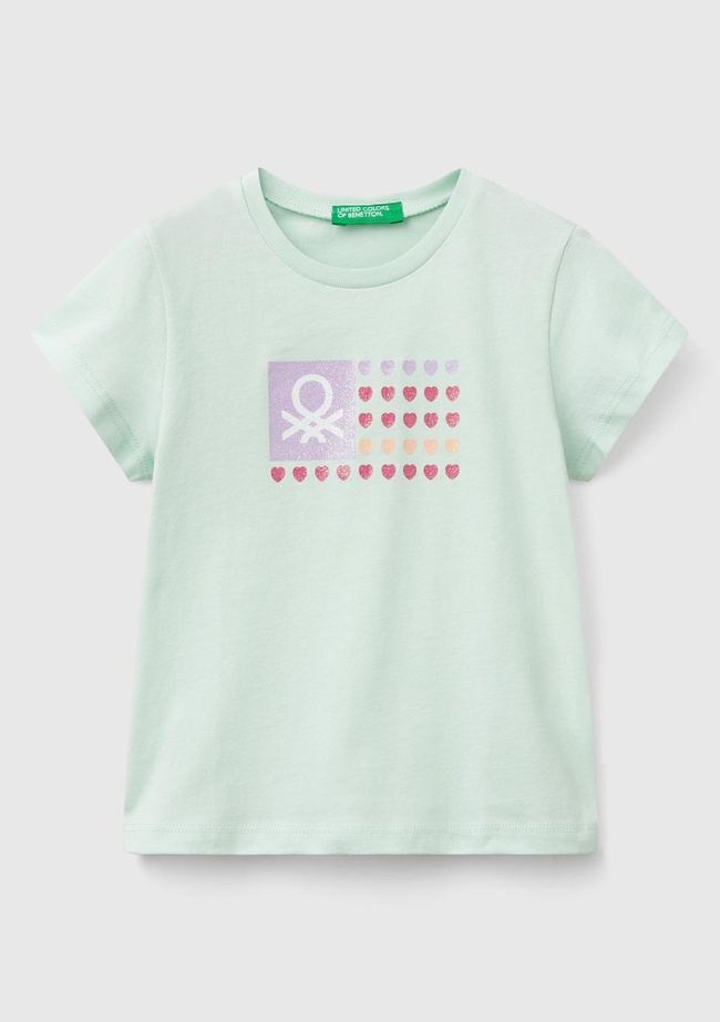  Kız Çocuk Su Yeşili Simli Benetton Logo Baskılı T-Shirt