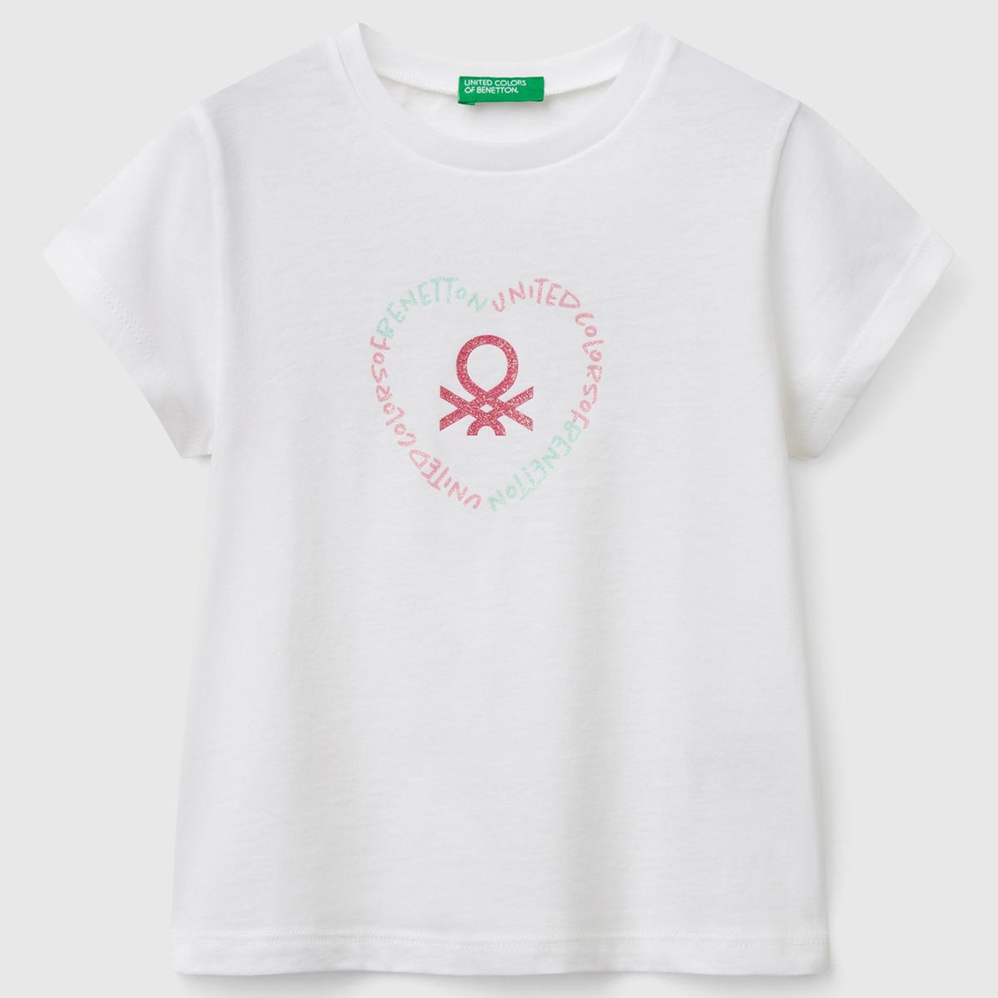 Kız Çocuk Beyaz Simli Benetton Logo Baskılı T-Shirt