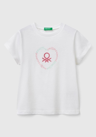  Kız Çocuk Beyaz Simli Benetton Logo Baskılı T-Shirt