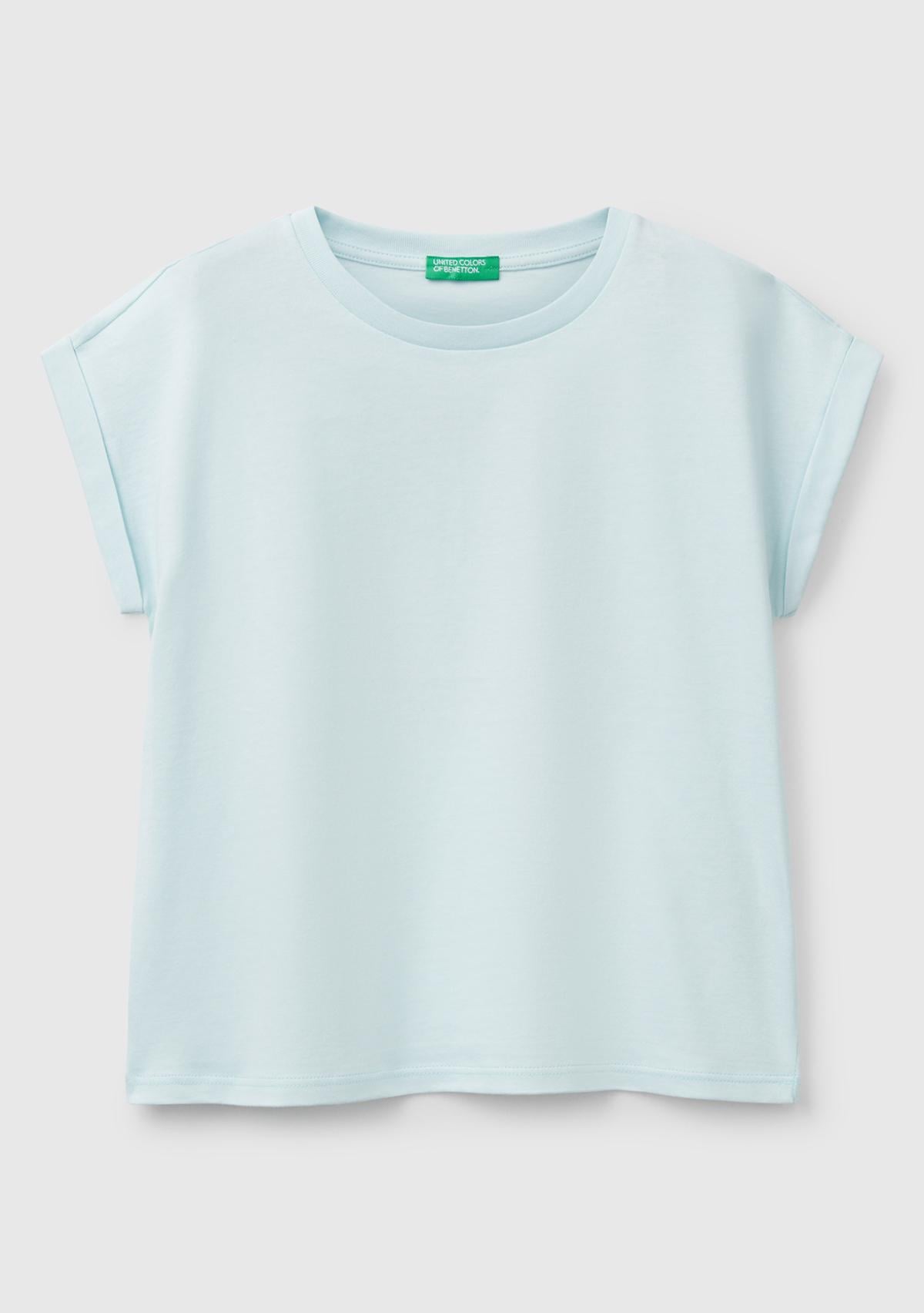  Kız Çocuk Su Yeşili Parlak Baskılı Düşük Omuz T-Shirt